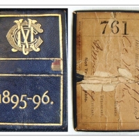 Vintage Melbourne Cricket Club (MCC) 1895-96 membership ticket - navy leather with gilded text & logo - no 761 - signed by member, Honorary treasurer  - Sold for $610 - 2015