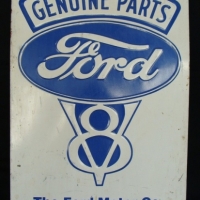 Vintage pressed tin sign FORD V8 - Genuine parts - blue on white - approx 43 x 28cm - details printed to lower - Sold for $122 - 2015