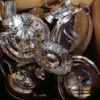 2 x large boxes of silverplated items including oven to table ware, goblets etc - Sold for $49 - 2015
