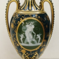 C1891-1902 Minton's ALBION BIRKS pate-sur-pate lidded Vase, dark green ground, heavily gilded, featuring putti & female figure - twin handles - gcond  - Sold for $854 - 2015