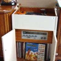 Vintage STEREO SYSTEM - in Original fitted cabinet - ARMSTRONG Model 226 Valve AMPLIFIER + PE Turntable - spare stylus, belt, record clothes - Sold for $85 - 2015