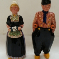 Pair novelty Dutch made Bols figural liqueur decanters - Dutch male and female in traditional dress - Sold for $24 - 2015