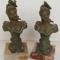 Pair of miniature French  metal busts mounted on alabaster - Sold for $37 - 2015