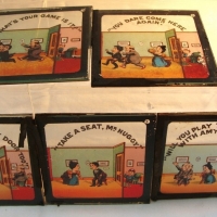 Part set Victorian coloured magic lantern slides - Will You Play Tricks Again with Amy's Lover - 5 slides - Sold for $61 - 2015