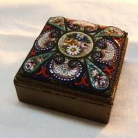 Vintage Micro mosaic pillbox with floral design framed in a filigree setting - hallmarked 'Made in Italy' and '37' - Sold for $73 - 2015
