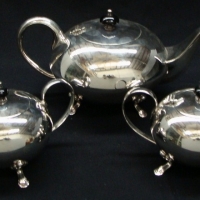 Grp lot inc 3 pce set EPNS coffee set - teapot, sugar, creamer & lead crystal bowl - Sold for $43 - 2015