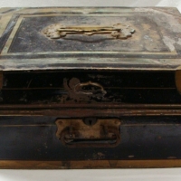 Large Victorian brass bound cash box with two trays and lid storage - Sold for $171 - 2015