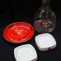 4 x pubanalia items  incl Unusual c1890 Usher's Whisky Decanter with bottom inset with red dome & white writing  (af), 2 x Wade PM Mackinlay's ashtray - Sold for $49 - 2015