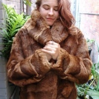 Ladies 1930's brown rabbit skin jacket - short with large shawl collar, inner pocket & large button - Sold for $37 - 2015