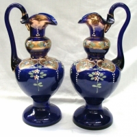 Pair of  Victorian Bristol blue glass jugs with gilt and enamel decoration - Sold for $49 - 2015