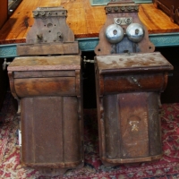 Two Ericsson wooden wall mounted phones with oak cabinets circa 1900 - Sold for $317 - 2015