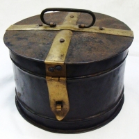 Victorian style black metal collar box with brass banding - lockable latch and handle - Sold for $43 - 2015