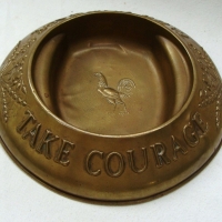 Vintage COURAGE BEER round brass tray with raised text & imagery inc, Take Courage, hops plant & Rooster - Sold for $49 - 2015