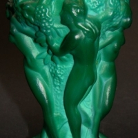 Art Deco Malachite glass vase with Bacchanalian figures - 13cms H - exc Cond - Sold for $134 - 2015