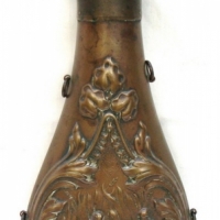 English  Brass powder flask, dated 7th July 1857  - heavily embossed scene featuring pheasant , diamond registration - 23cms L - Sold for $92 - 2015