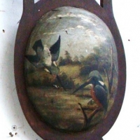 Pair of domed Edwardian handpainted wooden wall plaques with bird scenes both signed - Sold for $104 - 2015