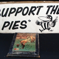 2 x Pieces - Collingwood Support the PIES Tin sign and signed Nathan Buckley picture - Sold for $55 - 2015