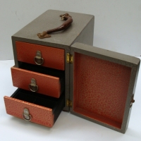 2 x Vintage storage items inc small hammertone finish box with 3 compartmented drawers & red wooden box - Sold for $37 - 2015