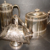 3 x pieces of EPNS incl Thomas Otley & sons sugar scuttle with scoop, decorative coffee  pot and teapot - Sold for $122 - 2015