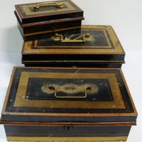 3 x vintage metal cash boxes, various sizes inc - one large size with lift out tray and key - Sold for $61 - 2015