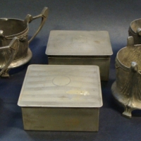 Set of 4 Art Nouveau pewter tumbler holders, marked to base 'AK & CIE' & Pair of EP boxes - Sold for $37 - 2015