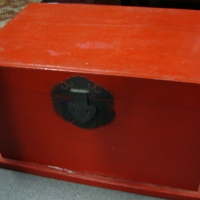 Vintage red wood trunk with dovetail joins and oriental latch - Sold for $49 - 2015
