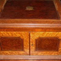 Large Victorian cutlery box inlaid with burr walnut & satinwood - 2  drawers with lockable doors & lift up lid - Sold for $207 - 2015