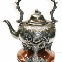 Ornate Victorian silver plate Britannia metal spirit tea kettle on copper with stand - Sold for $55 - 2015