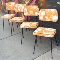 Set of 4 colourful retro orange & white vinyl upholstered dining chairs, thin black metal frames - Sold for $85