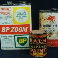 3 x Vintage tins - incl Mobil oil tin with Pegasus, BP Zoom fuel tin, BALM (British Australian Lead Manufacturers) paint tin - Ivory colour - Sold for $24