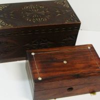 2 x Wooden boxes incl chip carved document box & smaller box with shell inlay - Sold for $37