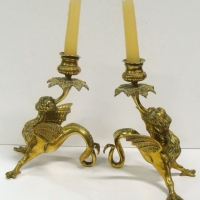 Pair of c1880 ornate Brass Griffin candlesticks probably French - Sold for $146