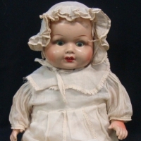 1940's Australian Laurie Cohen Hush-A-Bye composition Doll, sleep eyes, open mouth, soft body, comp Lower arms & legs, moulded hair, 50cms L, orig clo - Sold for $110 - 2015