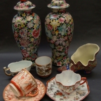 Group of oriental ceramics incl Japanese egg shell porcelain, Chinese floral vases with foo dog finials etc - Sold for $61 - 2015