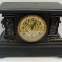 c1910 AMERICAN Mantle CLOCK - Classical shape w Faux Marble sections & Lion Head Handles - original label to back THE E INGRAHAM COMPAN - Sold for $146 - 2015