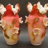 Pair Victorian Stevens & Williams overlay glass vases with applied floral decoration & frilled top - Sold for $61 - 2015