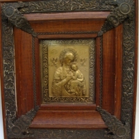 Small vintage framed Pressed Brass RUSSIAN Religious Icon - Timber frame w Pressed metal Corners, etc - Sold for $61 - 2015