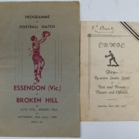 2 x Pces Footy Ephemera - program for The Central Broken Hill Football Club 1st Re-union Smoke Social 1937 & Essendon vs Broken Hill preseason match p - Sold for $98 - 2015