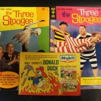 3 x Vintage comics incl MOBIL Walt Disney DONALD DUCK Firefighter Flop & 2 x The Three Stooges comics - Sold for $55 - 2015