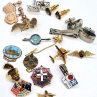 Group lot vintage badges & cufflinks incl enameled, Melbourne crest, aeroplanes etc - Sold for $37 - 2015
