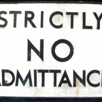 Vintage cast metal sign - STRICTLY NO ADMITTANCE - raised black lettering on a white ground - Sold for $92 - 2015