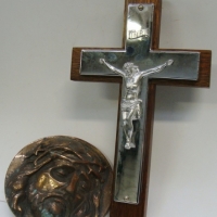 2 x pieces religious items - wall hanging crucifix, plaque of Jesus' face with screws to back - Sold for $122 - 2015