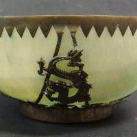 Small vintage Oriental JADEITE BOWL in white metal filigree work basket - stylised dragons & saw-tooth rim - Marks sighted to basket base Approx 3cm H - Sold for $79 - 2015