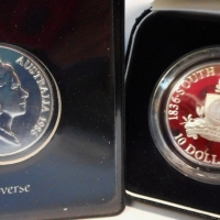 2 x packaged Royal Australian Mint 1986 SA $10 coins - both commemorating SA 150th Jubilee - Sold for $43 - 2015