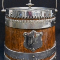 Ornate Victorian oak Biscuit Barrel with engraved splate lid, decorative bands & shield - Sold for $49 - 2015