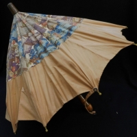 1930's Ladies fabric parasol -  light camel colour with stylized floral landscape design, wooden shaft & handle Approx 56cm L - Sold for $37 - 2015