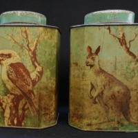 Pair vintage Australian BUSHELLS 1LB Tea tins - embossed  images of Australian animals to sides - Sold for $55 - 2015