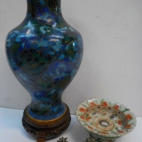 Small lot - Oriental & Eastern items inc, bronze opium weights, vintage Cloisonn vase & a small china pedestal shallow bowl - Sold for $79 - 2015