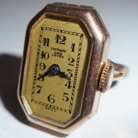 Unusual 1940's 9ct Rose Gold Watch ring - engraved to back 'Evelyn (Evie Hayes) from Bill (husband)  dial marked Sheppard's CES Lever, Swiss -  workin - Sold for $451 - 2015