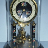 Vintage brass German dome clock with black and floral decoration - Sold for $61 - 2015